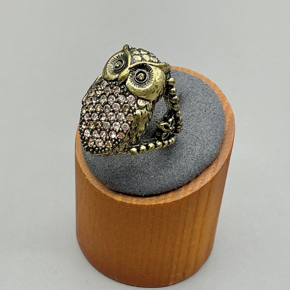 Fossil Owl Ring Gold Tone Rhinestone Locket Hinged Fly Free Statement Size 7.5